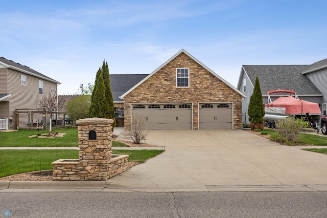 view of front of home featuring a front lawn, stone siding, concrete driveway, a garage, and a shingled roof