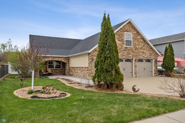 view of front of house featuring stone siding, driveway, and roof with shingles