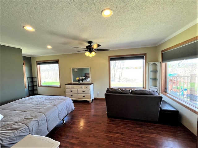 bedroom featuring crown molding, a textured ceiling, wood finished floors, ceiling fan, and recessed lighting