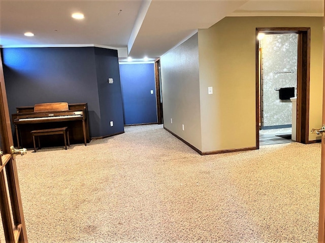 bonus room with carpet, baseboards, and recessed lighting
