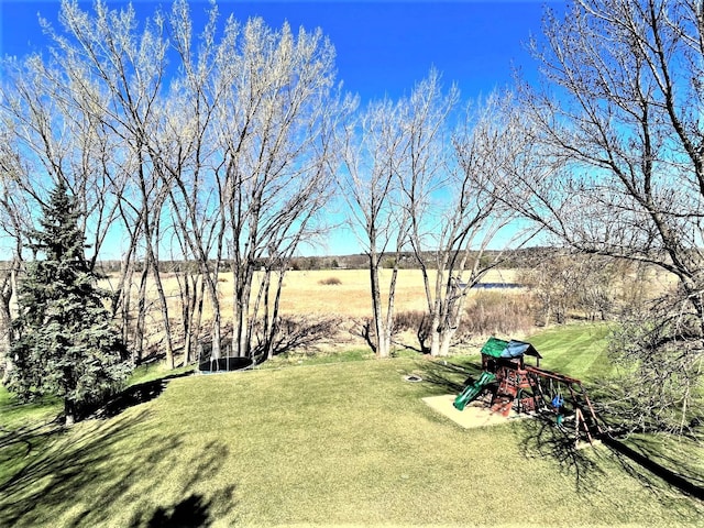 view of green lawn with a playground