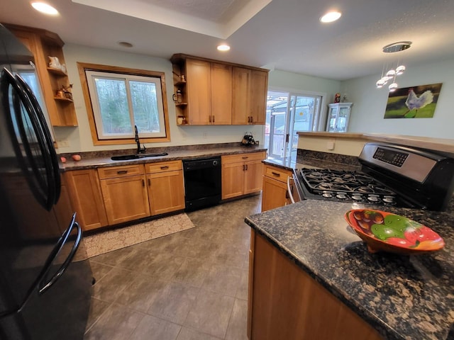 5344 Shady Ln, Canosia Twp, MN 55811 - kitchen featuring recessed lighting, a sink, tile patterned floors, open shelves, and black appliances