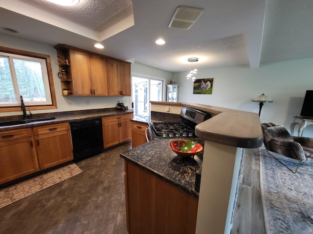 5344 Shady Ln, Canosia Twp, MN 55811 - kitchen with brown cabinets, a sink, open floor plan, stainless steel range with gas cooktop, and dishwasher