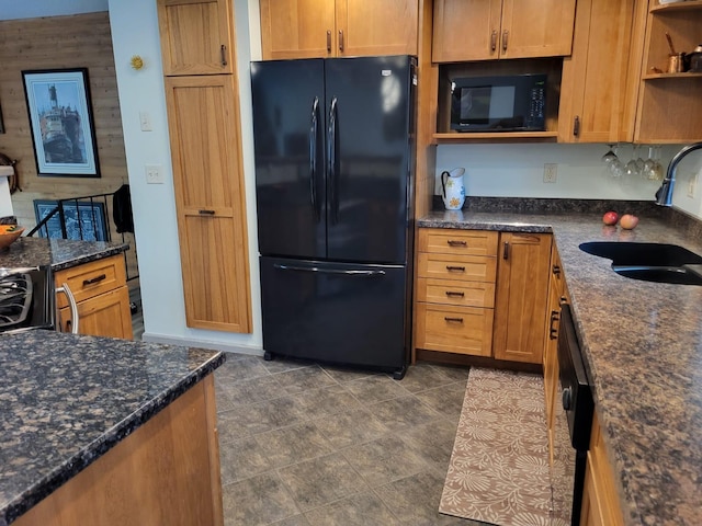 5344 Shady Ln, Canosia Twp, MN 55811 - kitchen featuring a sink, open shelves, black appliances, and dark stone countertops