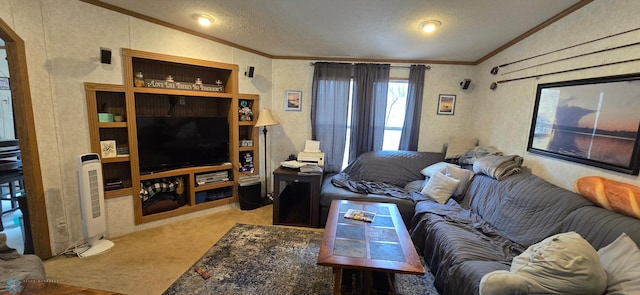carpeted living room featuring crown molding, a textured ceiling, and lofted ceiling