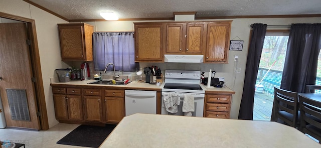 kitchen featuring crown molding, a sink, white appliances, extractor fan, and visible vents