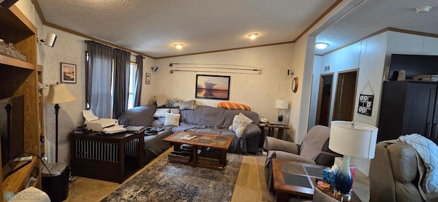 24744 Mound Rd, Dane Prairie Twp, MN 56537 - carpeted living room with crown molding and a textured ceiling