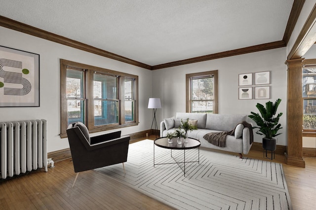 living area with wood-type flooring, baseboards, a healthy amount of sunlight, and radiator heating unit