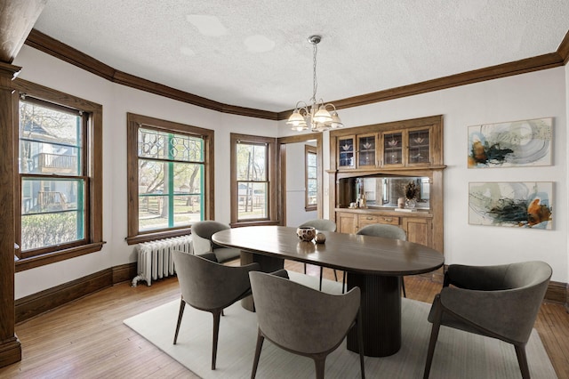 dining area with an inviting chandelier, ornamental molding, baseboards, radiator heating unit, and a textured ceiling