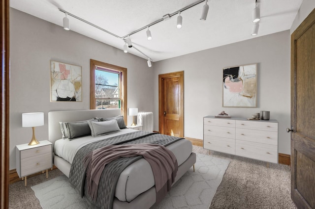 bedroom with light colored carpet, baseboards, radiator heating unit, and track lighting