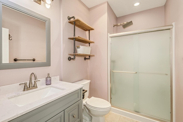 bathroom featuring vanity, tile patterned floors, a shower stall, and toilet