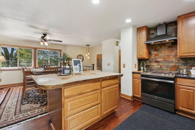 20170 Dunbar Ave, Farmington, MN 55024 - kitchen featuring stainless steel range with gas stovetop, wall chimney range hood, ceiling fan, decorative backsplash, and dark wood-type flooring