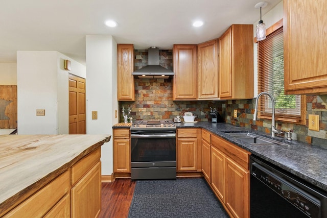 20170 Dunbar Ave, Farmington, MN 55024 - kitchen featuring wall chimney exhaust hood, stainless steel gas stove, dishwasher, a sink, and butcher block countertops