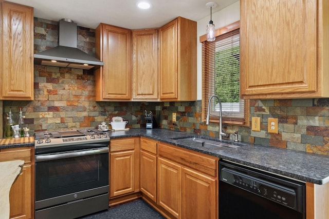 20170 Dunbar Ave, Farmington, MN 55024 - kitchen featuring gas range, black dishwasher, wall chimney range hood, a sink, and backsplash