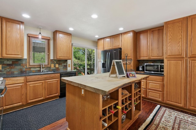 20170 Dunbar Ave, Farmington, MN 55024 - kitchen with black appliances, butcher block countertops, a sink, open shelves, and dark wood finished floors