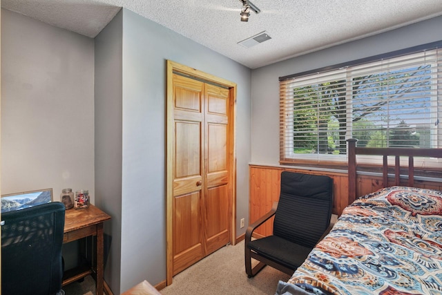 20170 Dunbar Ave, Farmington, MN 55024 - bedroom featuring wainscoting, a textured ceiling, light carpet, wooden walls, and track lighting