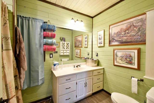 23182 US Highway 169, Milaca, MN 56353 - bathroom featuring wooden walls, toilet, wood finished floors, and vanity