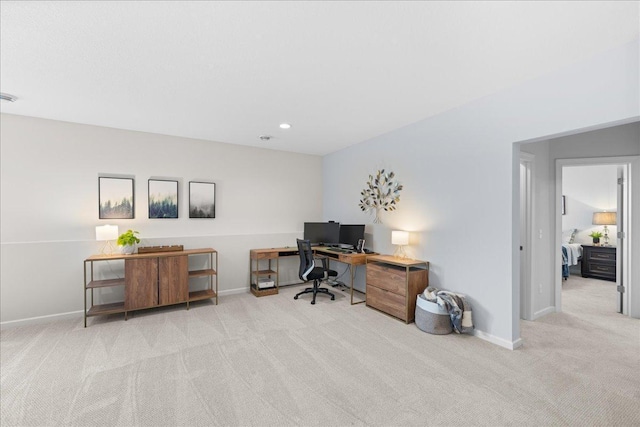 home office with baseboards, carpet flooring, and recessed lighting