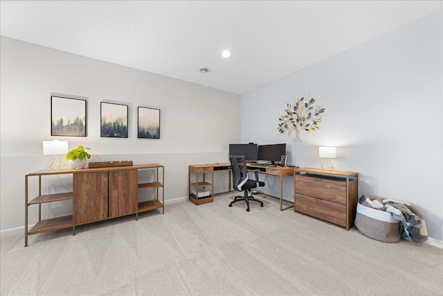 office space with carpet floors, recessed lighting, and baseboards