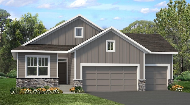 view of front facade featuring board and batten siding, stone siding, and a garage