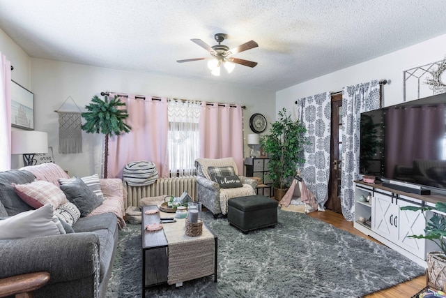 312 Vine St, Fergus Falls, MN 56537 - living room featuring a textured ceiling, wood finished floors, and ceiling fan
