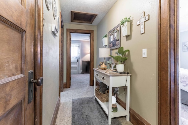 312 Vine St, Fergus Falls, MN 56537 - corridor with carpet flooring, a textured ceiling, baseboards, and radiator heating unit
