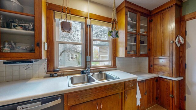 621 Fillmore St SE, Chatfield, MN 55923 - kitchen featuring stainless steel dishwasher, a sink, brown cabinets, and light countertops