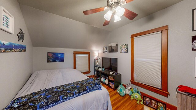621 Fillmore St SE, Chatfield, MN 55923 - bedroom featuring wood finished floors, vaulted ceiling, and ceiling fan