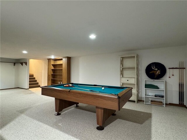 playroom with recessed lighting, pool table, and light carpet