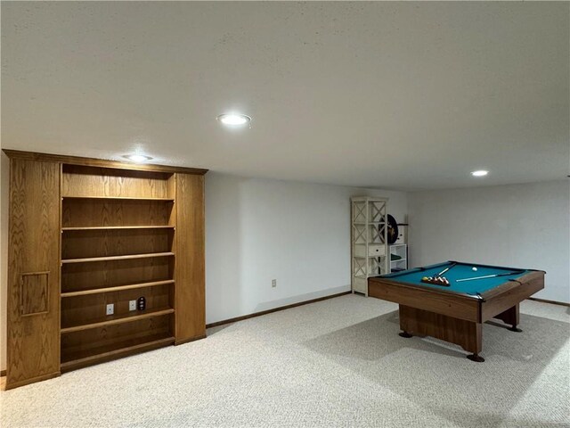 game room featuring recessed lighting, carpet flooring, and baseboards