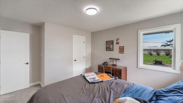 carpeted bedroom featuring baseboards and a textured ceiling