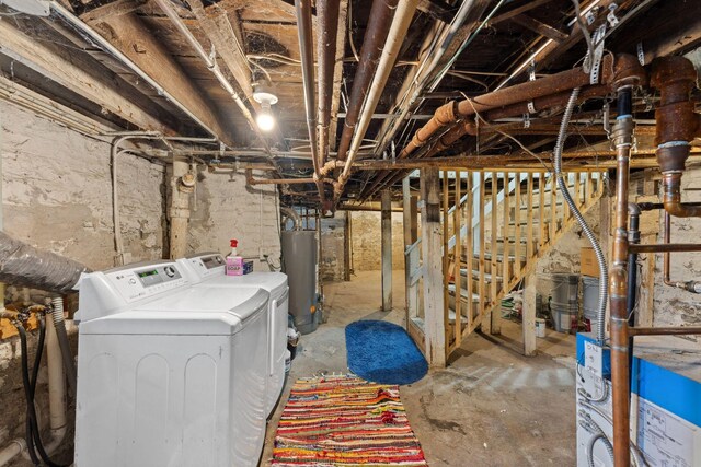 unfinished basement with independent washer and dryer and water heater
