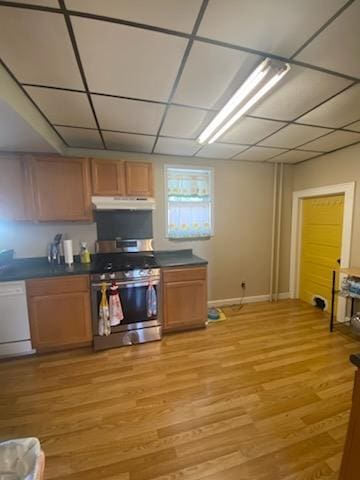 528 Broadway St, Spring Valley, MN 55975 - kitchen featuring gas stove, light wood-style flooring, white dishwasher, and a drop ceiling