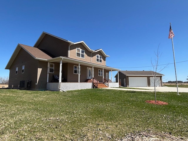 view of front of property featuring a front lawn, a garage, a porch, concrete driveway, and an outdoor structure