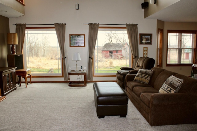 living room featuring carpet floors, plenty of natural light, and baseboards