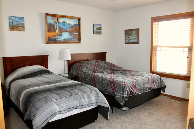 bedroom with carpet floors, baseboards, visible vents, and multiple windows
