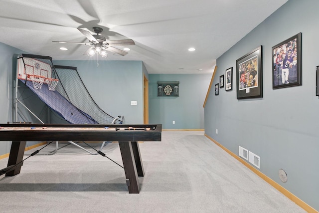 playroom featuring a ceiling fan, baseboards, carpet floors, and recessed lighting