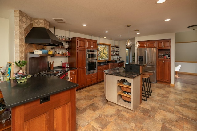 kitchen with recessed lighting, a kitchen breakfast bar, open shelves, wall chimney exhaust hood, and stainless steel appliances