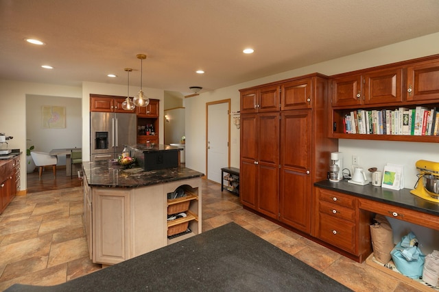 kitchen with stone tile floors, open shelves, high quality fridge, and recessed lighting