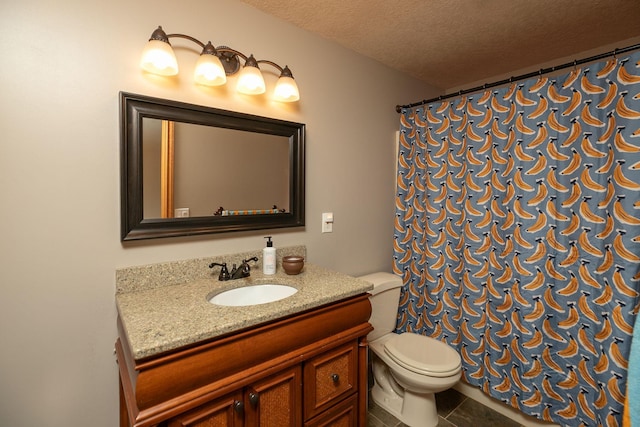bathroom with toilet, a shower with curtain, vanity, a textured ceiling, and tile patterned flooring