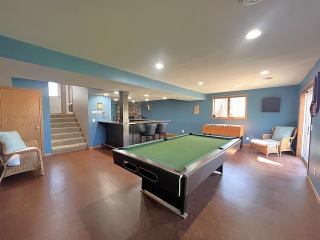playroom with bar area, billiards table, baseboards, and recessed lighting