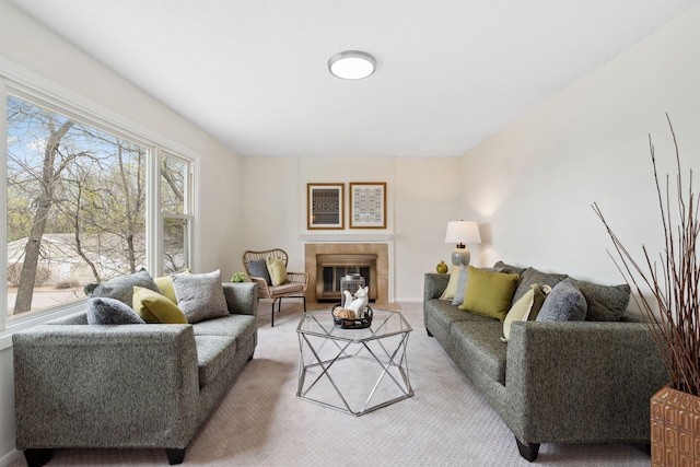 304 Lakeview Ave, Long Lake, MN 55356 - carpeted living room featuring baseboards and a tile fireplace