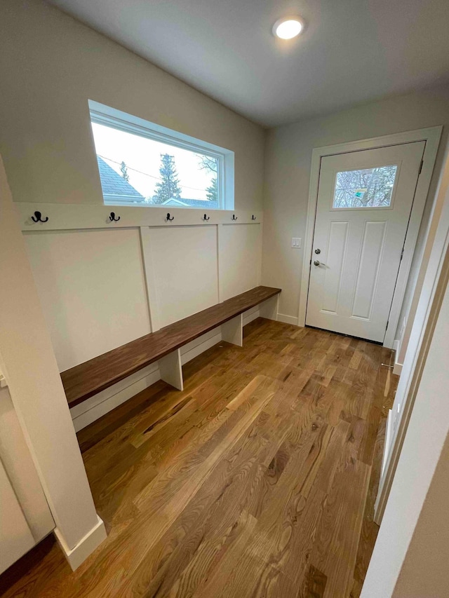 entryway with baseboards, a wealth of natural light, and wood finished floors
