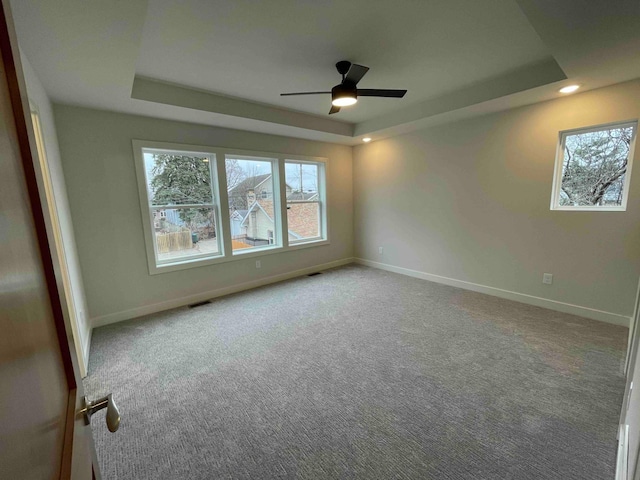 carpeted spare room with baseboards, plenty of natural light, and a raised ceiling