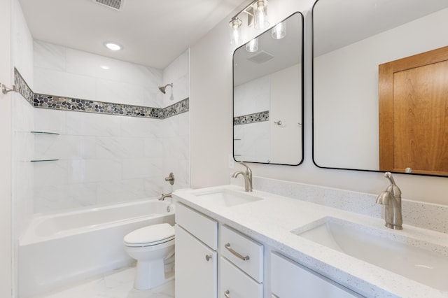 5345 45th Ave S, Minneapolis, MN 55417 - bathroom featuring double vanity, bathing tub / shower combination, marble finish flooring, and recessed lighting