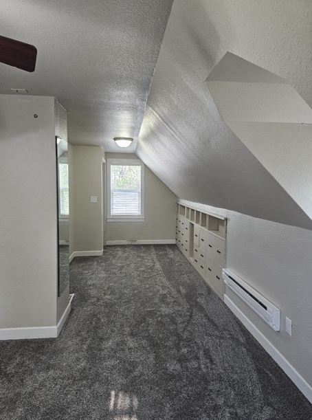 additional living space featuring baseboard heating, carpet flooring, a textured ceiling, and lofted ceiling