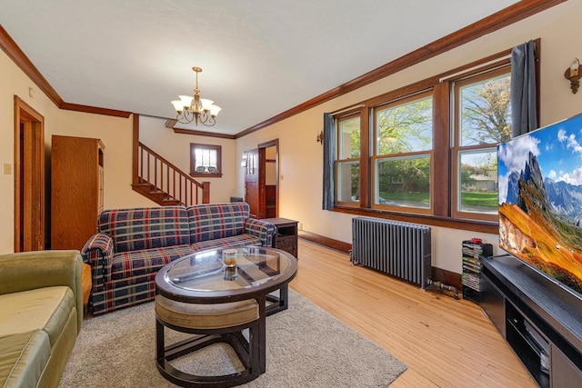 205 2nd St SW, Blooming Prairie, MN 55917 - living area featuring radiator, a chandelier, crown molding, healthy amount of natural light, and light wood-style floors