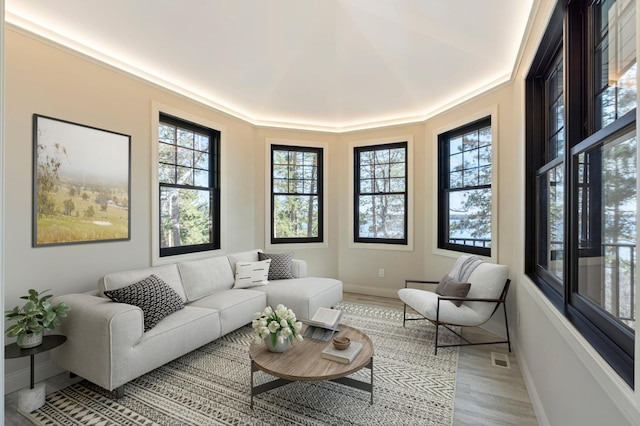 living room with baseboards and light wood-style floors
