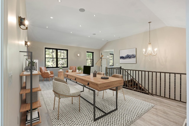 office space with vaulted ceiling, wood finished floors, a chandelier, and recessed lighting