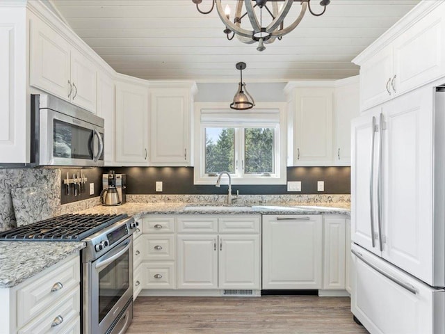 kitchen featuring appliances with stainless steel finishes, a sink, wooden ceiling, a chandelier, and white cabinets